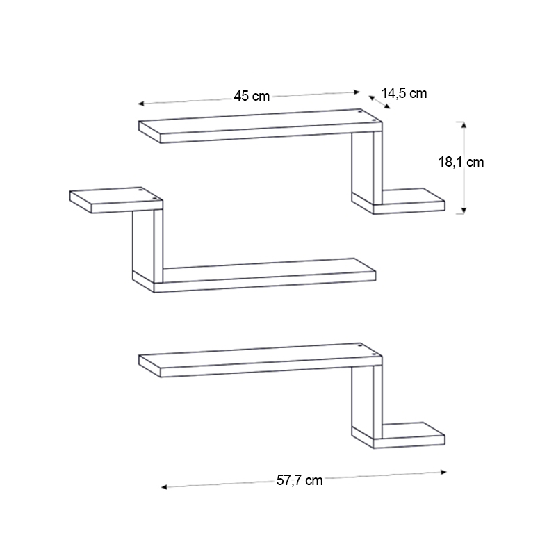 Lowa Megapap melamine 3 pieces wall shelf in white color 57,7x14,5x18cm.