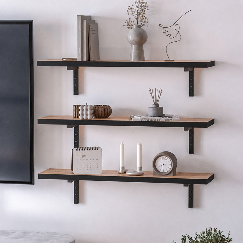 Versa Megapap 3 pieces melamine wall shelves in pine oak color 80x19x17cm.