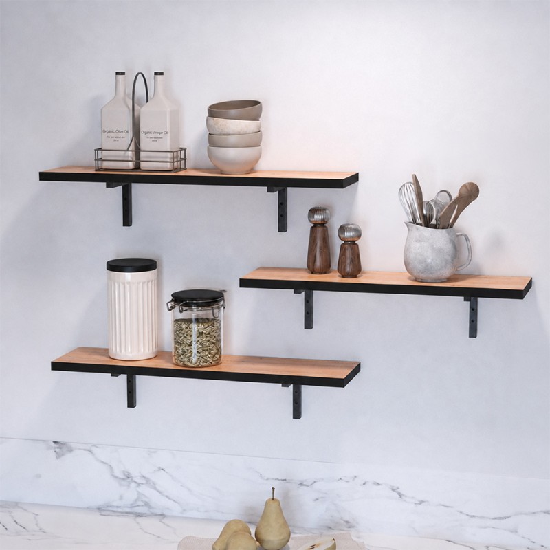 Versa Megapap 3 pieces melamine wall shelves in pine oak color 80x19x17cm.