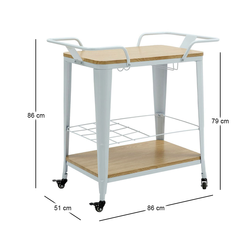 RELIX Trolley Bar-Pro Μέταλλο Βαφή Άσπρο, MDF Απόχρωση Φυσικό 86x51x86cm