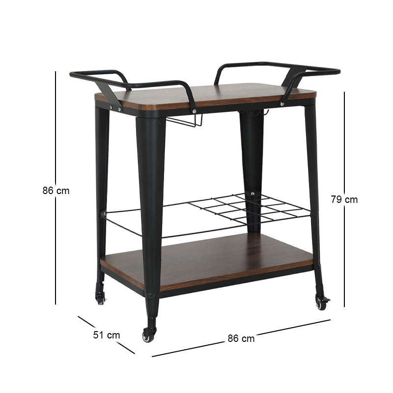 RELIX Trolley Bar-Pro Μέταλλο Βαφή Μαύρο, MDF Απόχρωση Καρυδί 86x51x86cm
