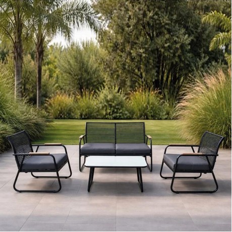 ROCCO Set (4pcs) Metal Black/Rope Wicker Grey/Cushions Dark Grey
