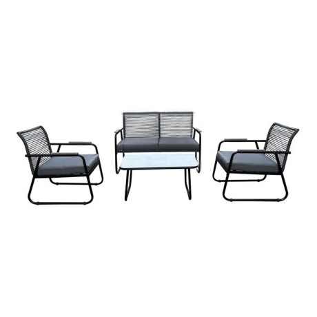 ROCCO Set (4pcs) Metal Black/Rope Wicker Grey/Cushions Dark Grey