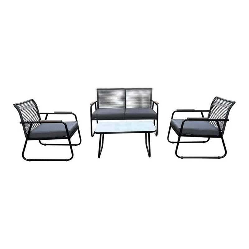 ROCCO Set (4pcs) Metal Black/Rope Wicker Grey/Cushions Dark Grey