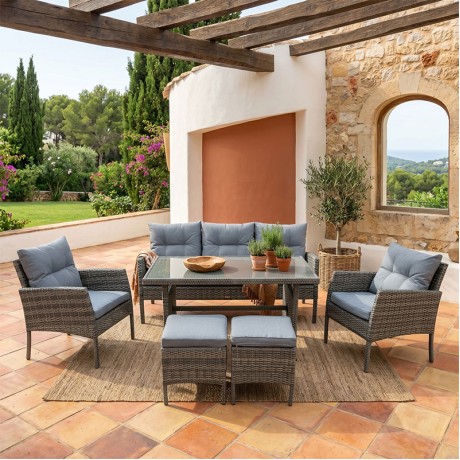 CALIFORNIA Set Steel K/D (6pcs) Twin Wicker Grey/Cushions Grey