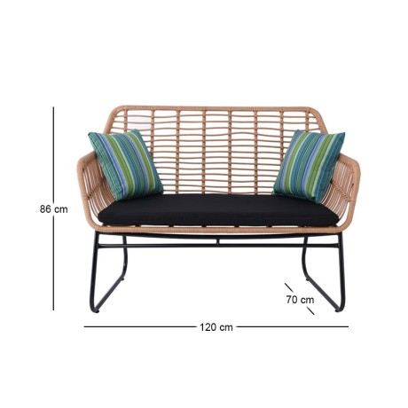 SALSA 2-seat Sofa Black Metal/Natural Wicker, Cushion Black