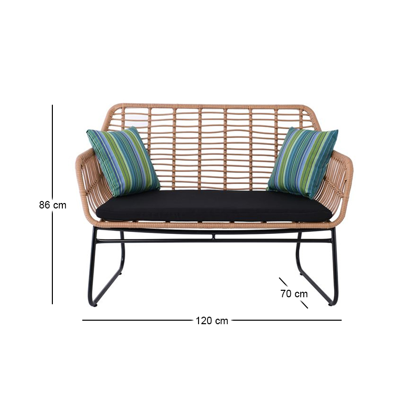 SALSA 2-seat Sofa Black Metal/Natural Wicker, Cushion Black