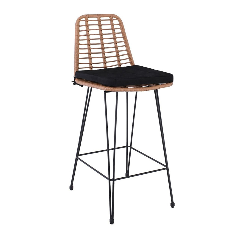 Σκαμπό μπαρ Salsa Pro μέταλλο μαύρο - wicker φυσικό με μαξιλάρι 45x55x113εκ.