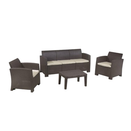 SAVANNA Set K/D (Table+3-Seat Sofa+2 Armchairs) PP-UV Brown/Cushions Grey-White