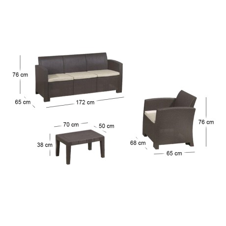 SAVANNA Set K/D (Table+3-Seat Sofa+2 Armchairs) PP-UV Brown/Cushions Grey-White