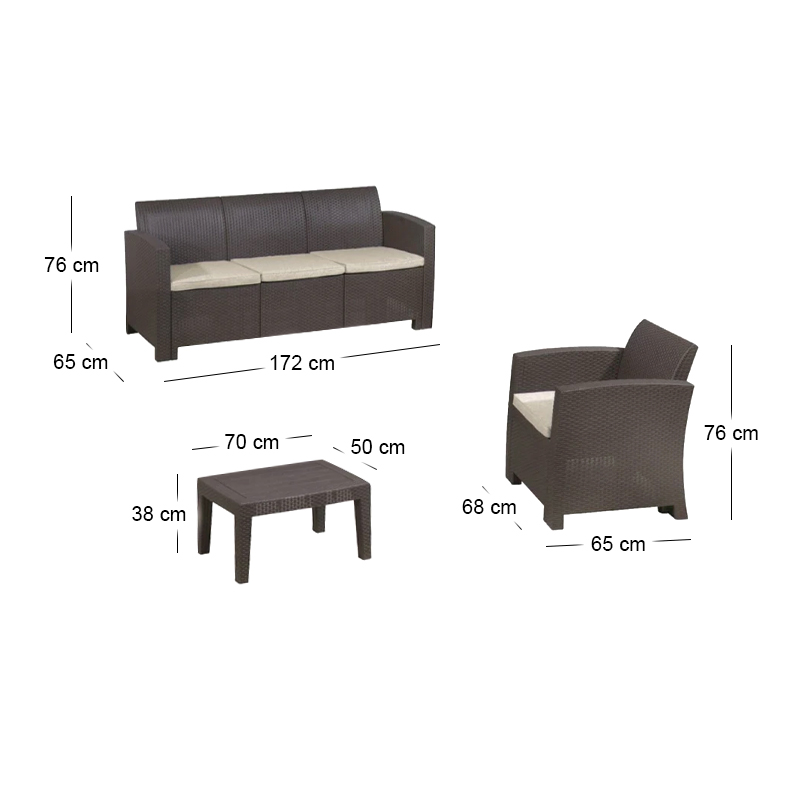 SAVANNA Set K/D (Table+3-Seat Sofa+2 Armchairs) PP-UV Brown/Cushions Grey-White