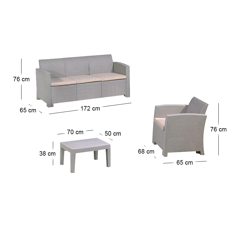 SAVANNA Set K/D (Table+3-Seat Sofa+2 Armchairs) PP-UV Sand Grey/Cushions Beige