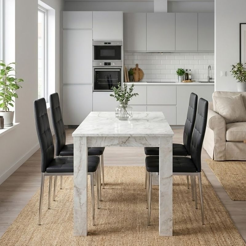 Dining room set 5pcs Darlen - Rosa Megapap white marble color - black 125x72x74cm.