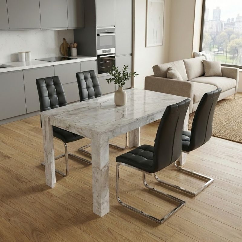 Dining room set 5pcs Darlen - Vela Megapap white marble color - black 125x72x74cm.