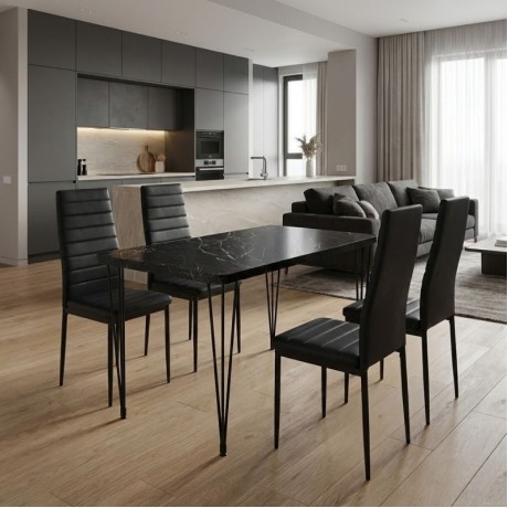 Dining room set 5pcs Roger - Rosa Megapap Mdf - PU black marble color - black 120x70x75cm.