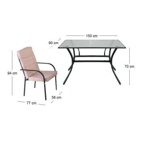 ASTOR Set (6 Chairs/Cushion Beige+Table 150x90) Steel Anthracite