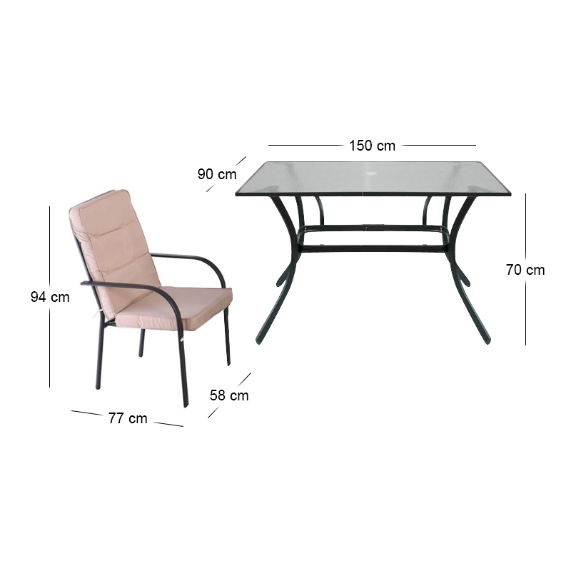 ASTOR Set (6 Chairs/Cushion Beige+Table 150x90) Steel Anthracite