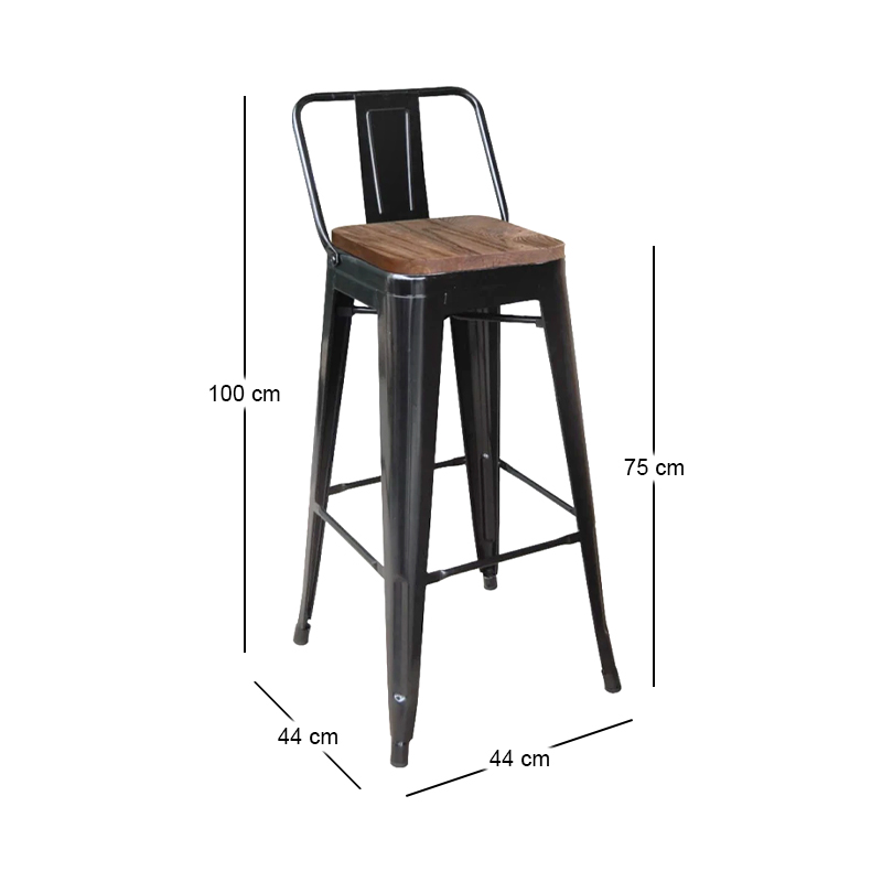 RELIX Wood Dark Oak Bar Stool w/Back Steel Black Matte