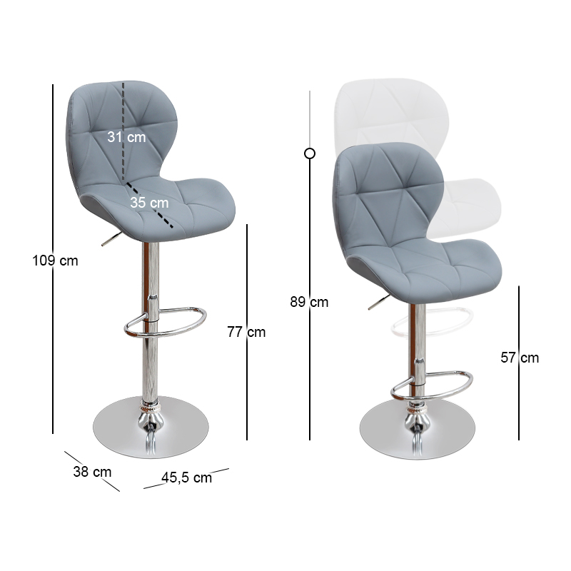 Dolores Megapap bar stool with adjustable height made of pu leather in grey color 45.5x38x89/109cm.