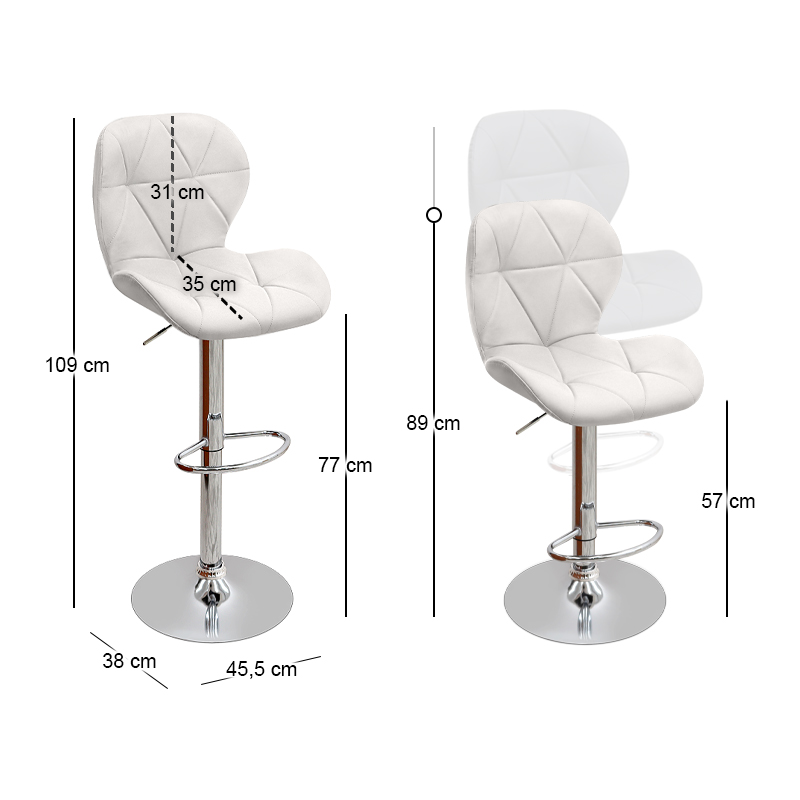 Dolores Megapap bar stool with adjustable height made of pu leather in white color 45.5x38x89/109cm.