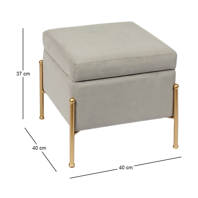 RAY Storage Stool 40x40cm Metal Gold Paint/Fabric Grey Velure