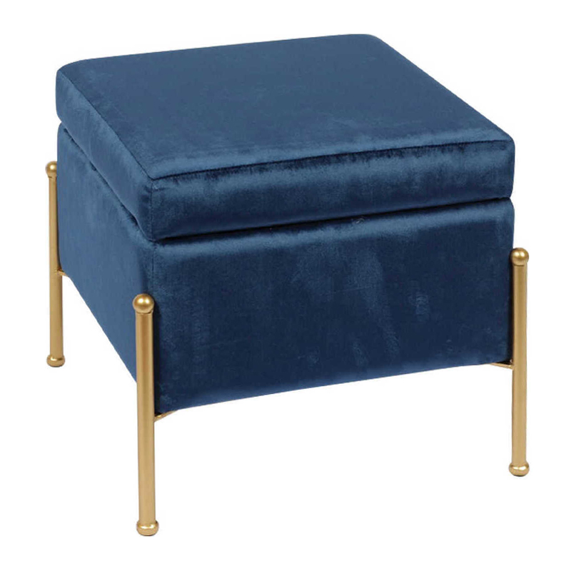 RAY Storage Stool 40x40cm Metal Gold Paint/Fabric Blue Velure