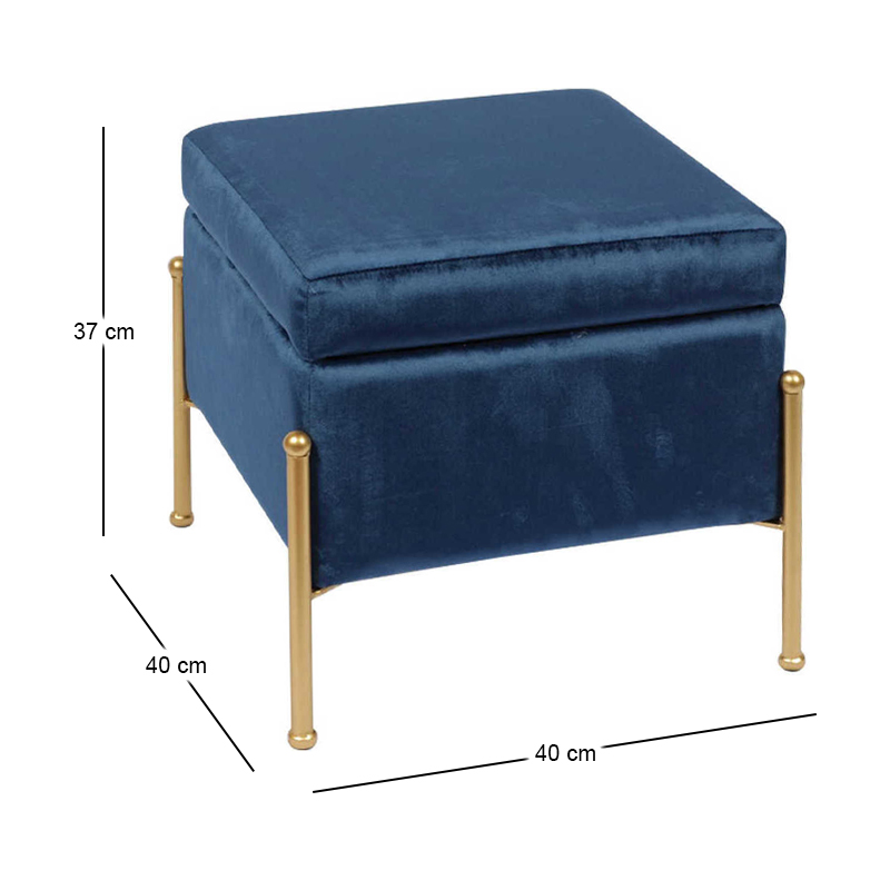 RAY Storage Stool 40x40cm Metal Gold Paint/Fabric Blue Velure