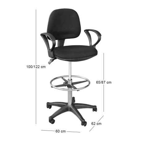 Reception - cashier stool with footrest and fabric in black color 62x60x100/122cm.