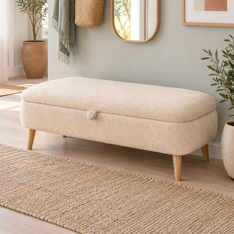 Rena Megapap teddy fabric stool with storage in cream color 90x35x45cm.