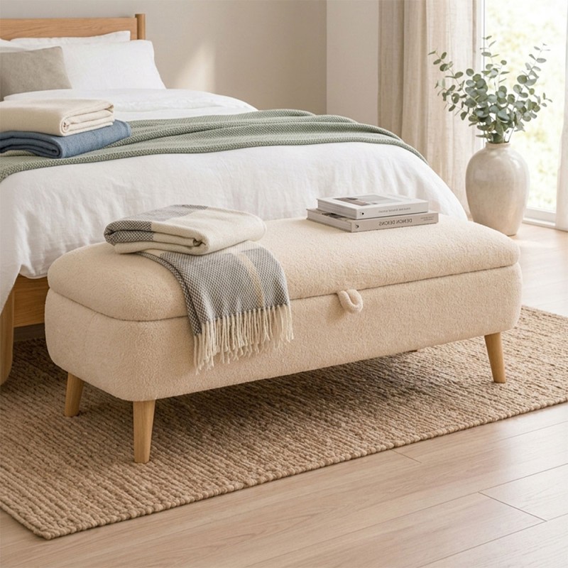 Rena Megapap teddy fabric stool with storage in cream color 90x35x45cm.
