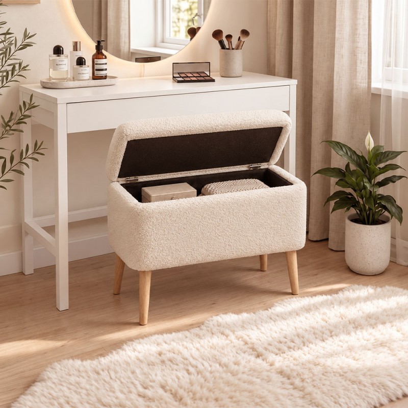 Viona Megapap teddy fabric stool with storage in white color 60x30x48cm.