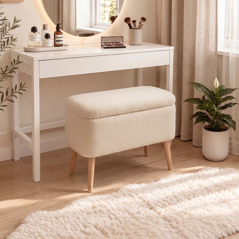 Viona Megapap teddy fabric stool with storage in white color 60x30x48cm.
