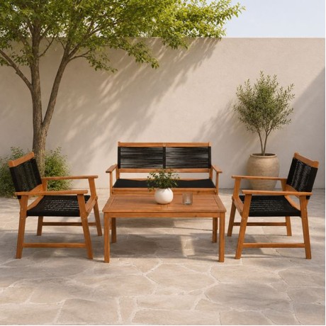 SPRING Set Σαλόνι Κήπου Ακακία Φυσικό, Wicker Μαύρο: Τραπέζι + Καναπέ 2Θέσιο + 2 Πολυθρόνες 100x50x45/120x68x84/67x65x84cm