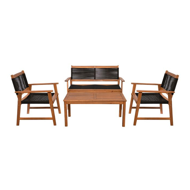 SPRING Set Σαλόνι Κήπου Ακακία Φυσικό, Wicker Μαύρο: Τραπέζι + Καναπέ 2Θέσιο + 2 Πολυθρόνες 100x50x45/120x68x84/67x65x84cm