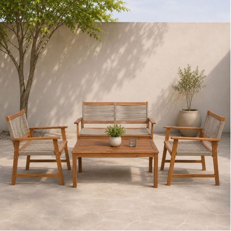 SPRING Set Σαλόνι Κήπου Ακακία Φυσικό, Wicker Μπεζ: Τραπέζι + Καναπέ 2Θέσιο + 2 Πολυθρόνες 100x50x45/120x68x84/67x65x84cm