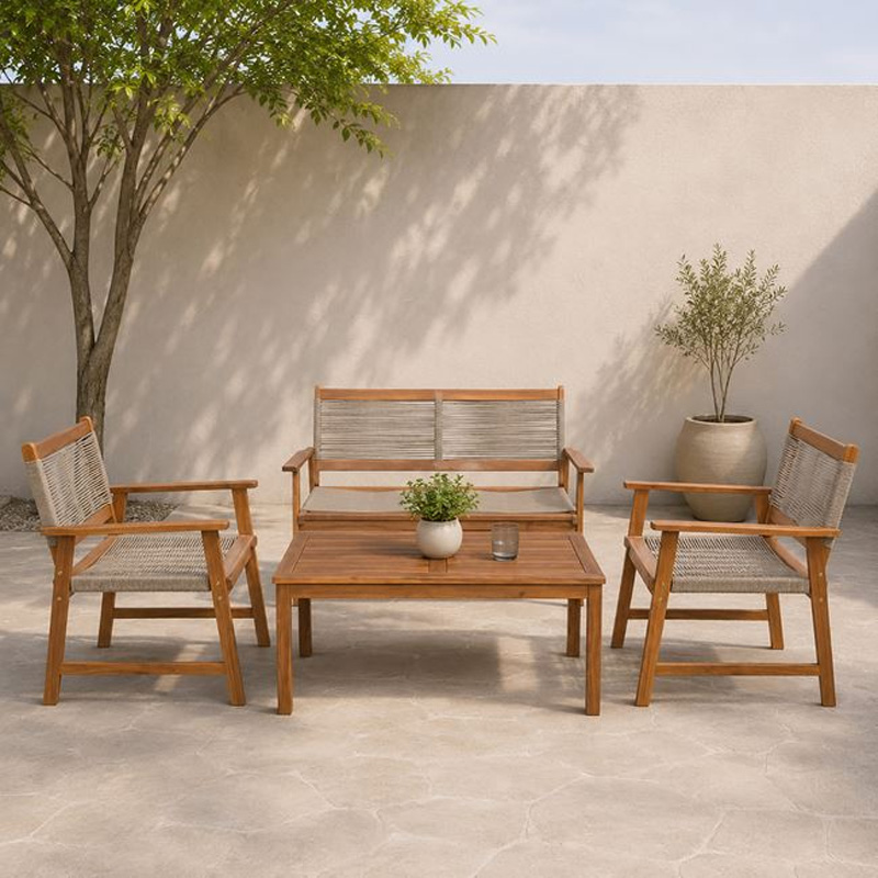 SPRING Set Σαλόνι Κήπου Ακακία Φυσικό, Wicker Μπεζ: Τραπέζι + Καναπέ 2Θέσιο + 2 Πολυθρόνες 100x50x45/120x68x84/67x65x84cm
