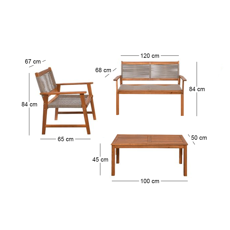 SPRING Set Σαλόνι Κήπου Ακακία Φυσικό, Wicker Μπεζ: Τραπέζι + Καναπέ 2Θέσιο + 2 Πολυθρόνες 100x50x45/120x68x84/67x65x84cm