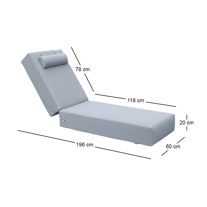 SUNLOUNGER 20cm Cushion w/Headrest Grey Fabric (Water Repellent) 196x60 Velcro
