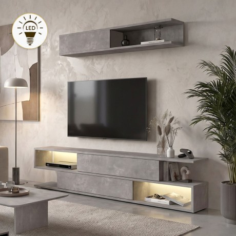 Manet Megapap melamine TV unit with LED in cocnrete grey color 180x29,5x39cm.