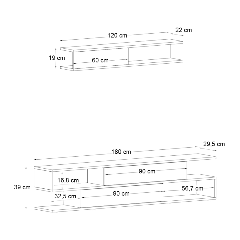 Manet Megapap melamine TV unit with LED in white - walnut color 180x29,5x39cm.