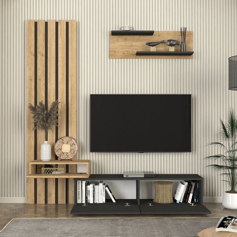 Rosaline Megapap melamine tv unit in anthracite - sepet oak color 183x31.3x196.9cm.