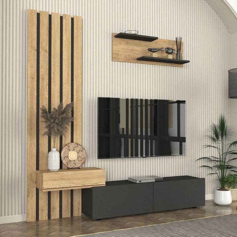 Rosaline Megapap melamine tv unit in anthracite - sepet oak color 183x31.3x196.9cm.