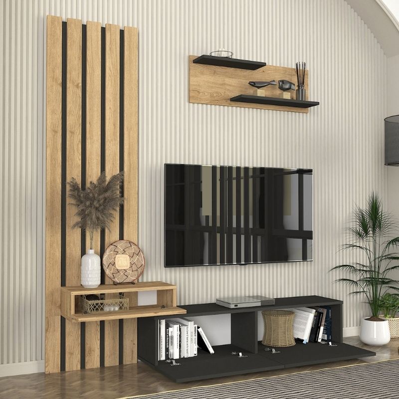 Rosaline Megapap melamine tv unit in anthracite - sepet oak color 183x31.3x196.9cm.