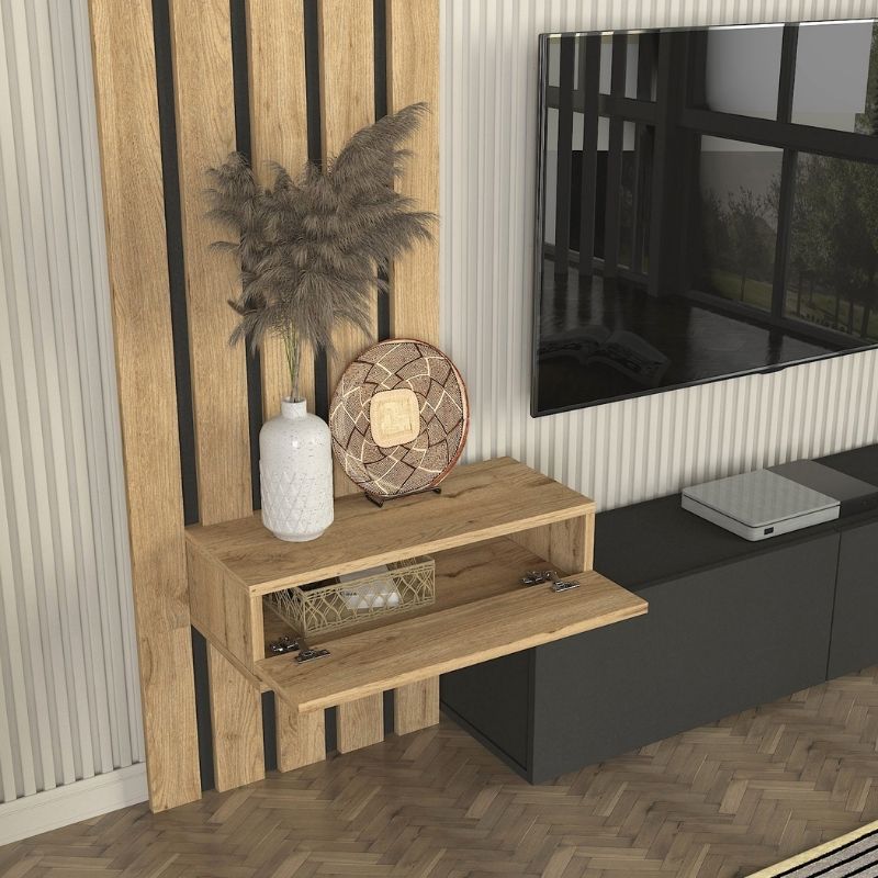 Rosaline Megapap melamine tv unit in anthracite - sepet oak color 183x31.3x196.9cm.