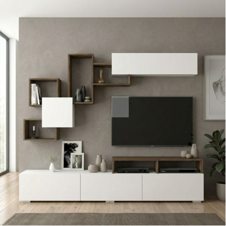 Stamatia Megapap melamine TV unit in white - walnut color 210x36,8x46,8cm.