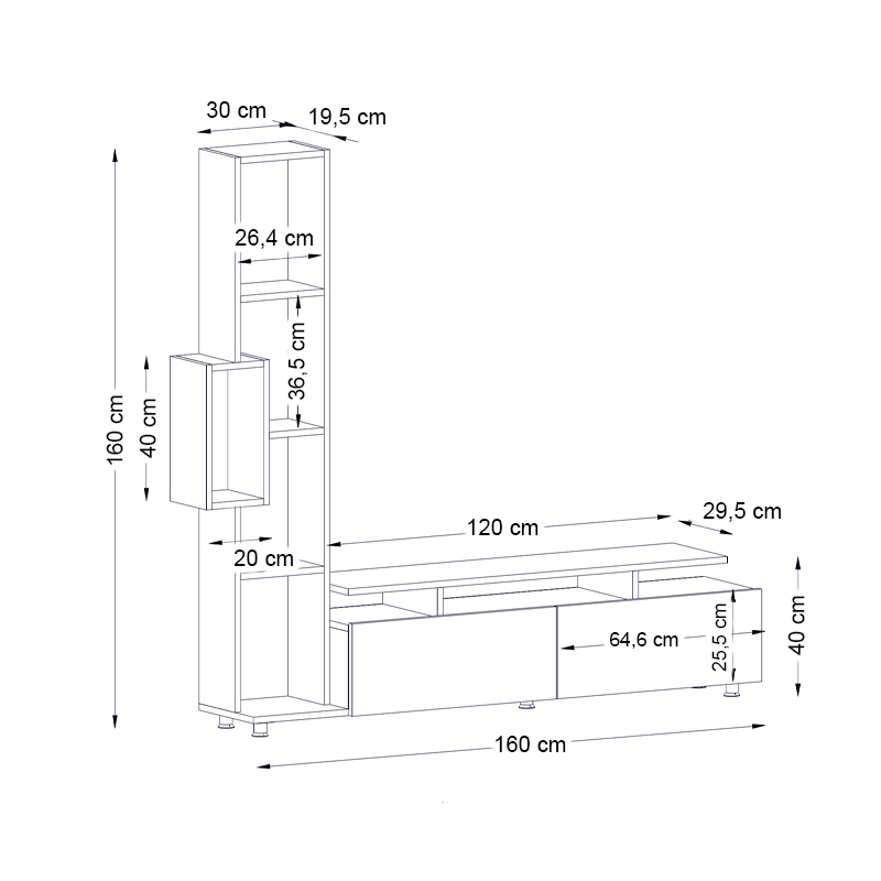 Tulip Megapap melamine TV unit in white - walnut color 160x29x160cm.