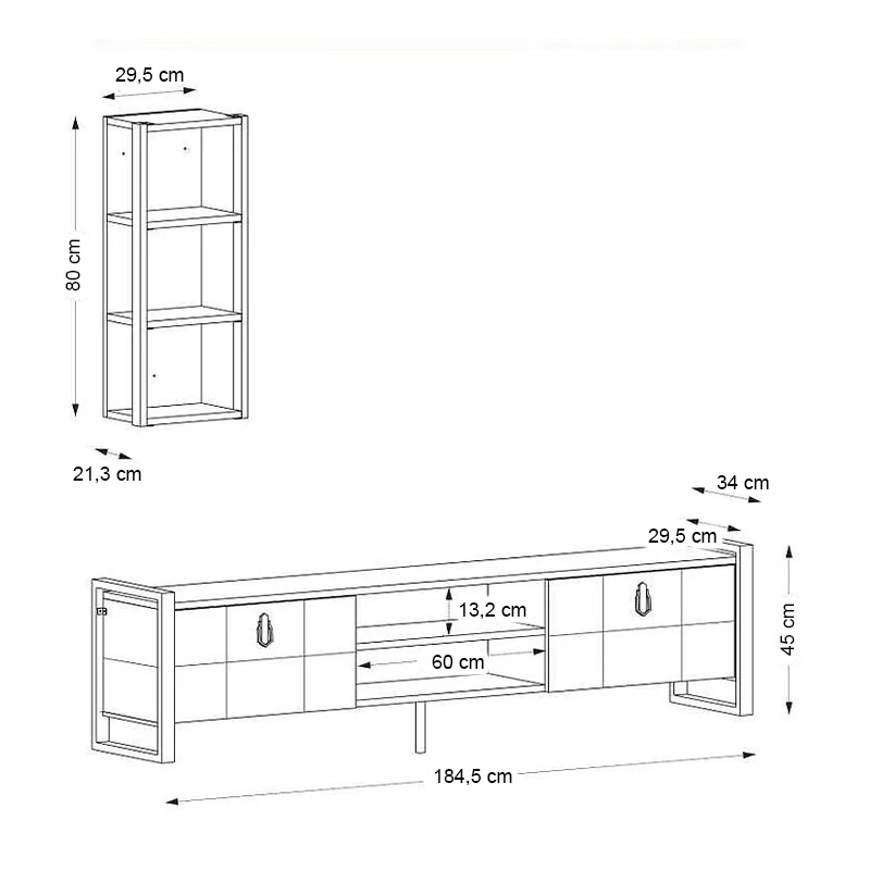 Ursula Megapap melamine TV unit in white - black color 184,5x34x45cm.