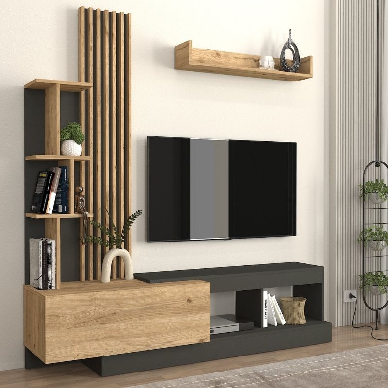 Vermont Megapap melamine tv unit in anthracite - sepet oak color 180x40x193.8cm.