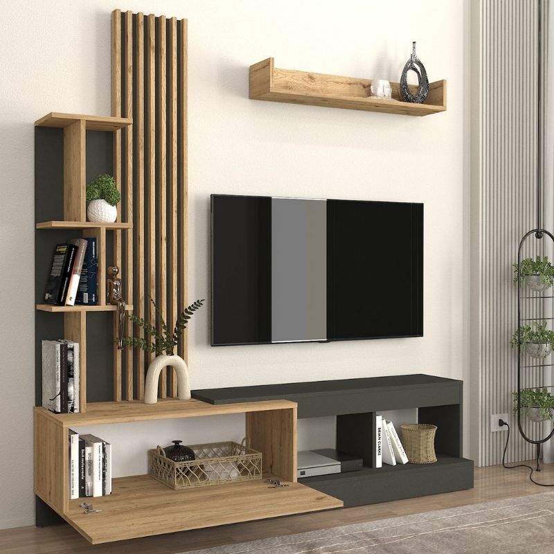 Vermont Megapap melamine tv unit in anthracite - sepet oak color 180x40x193.8cm.