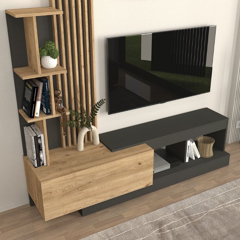 Vermont Megapap melamine tv unit in anthracite - sepet oak color 180x40x193.8cm.